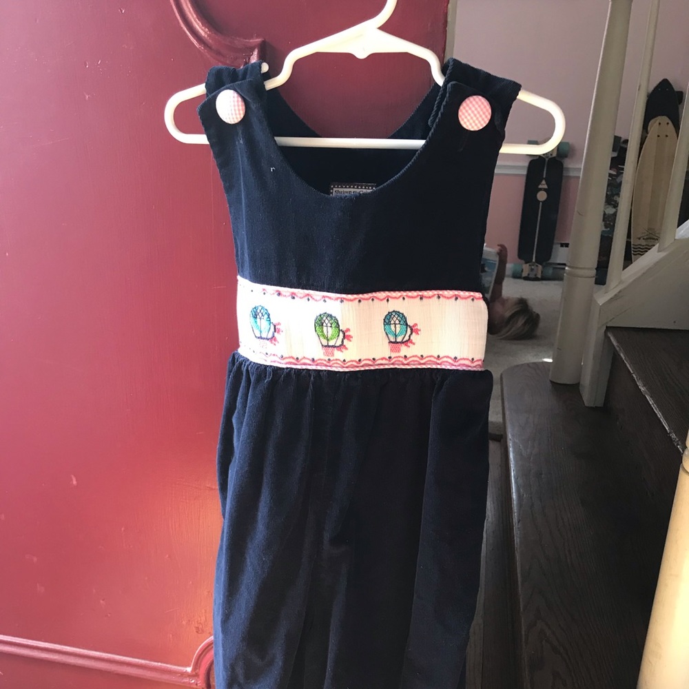 Shrimp & Grits Smocked Long Romper. 3T